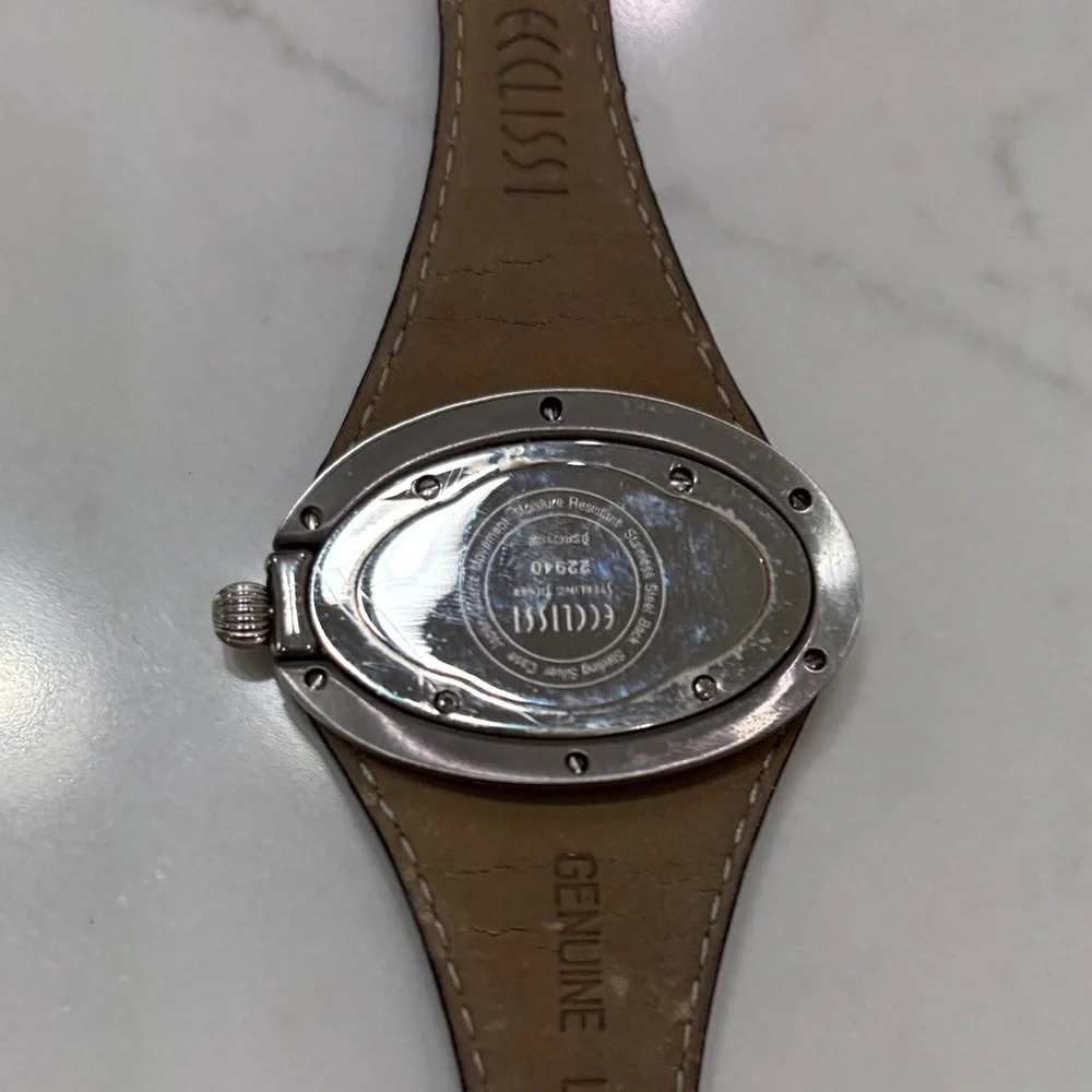 Black Leather Strap Women's Oval Silver-Tone Watch